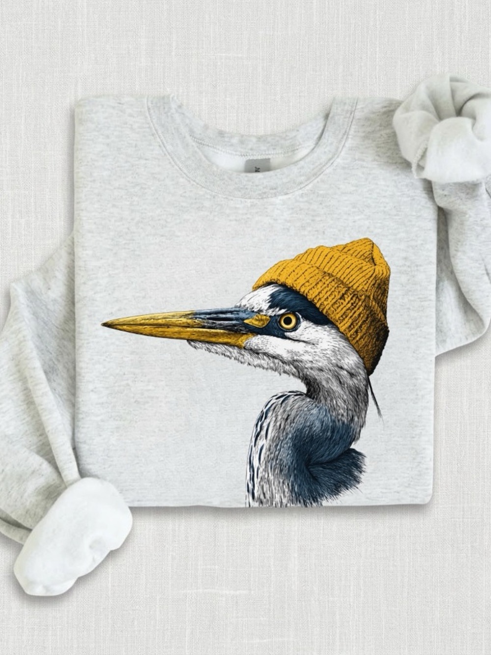Retro 90s Great Blue Heron Wearing Beanies Graphic Sweatshirt in Gray